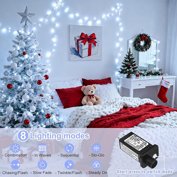 66FT 200 LED Outdoor String Lights, Plug in Christmas Lights Indoor Waterproof, 8 Modes Connectable Fairy Twinkle Lights for Indoor Bedroom Garden Yard Tree Wedding Holiday Decorations, White
