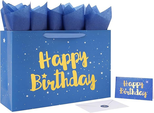 Qirrmiy 16.5” Extra Large Blue Happy Birthday Gift Bag Set with Handles, Greeting Card, Tissue Papers and Stickers for Men Boys Kids, Husband, Father, Stars Design, 1 Pcs