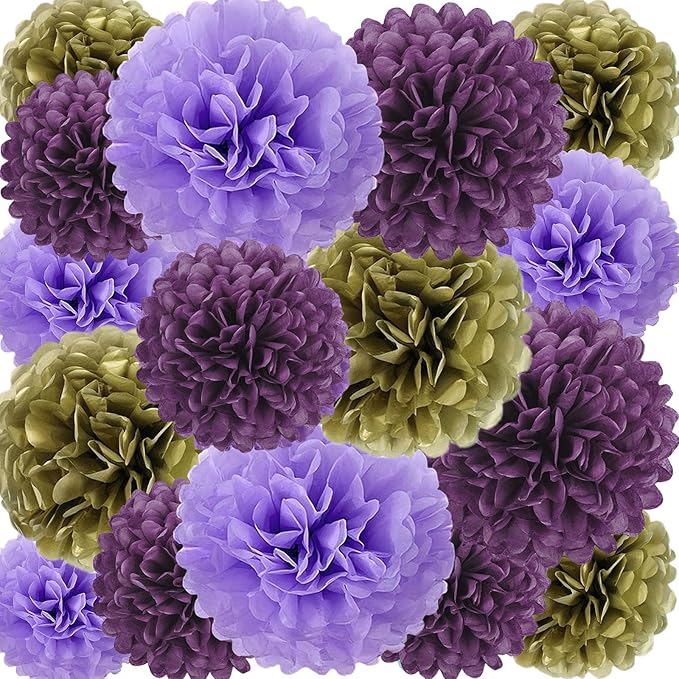 18 PCS Tissue Paper Pom Poms, Tissue Pom Poms Flowers, Sizes of 6", 10", 12", 14" Hanging Paper Flower Ball for Wedding, Birthday, Halloween, Christmas, Baby Shower Party Decor (Gold Purple)