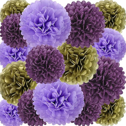 18 PCS Tissue Paper Pom Poms, Tissue Pom Poms Flowers, Sizes of 6", 10", 12", 14" Hanging Paper Flower Ball for Wedding, Birthday, Halloween, Christmas, Baby Shower Party Decor (Gold Purple)