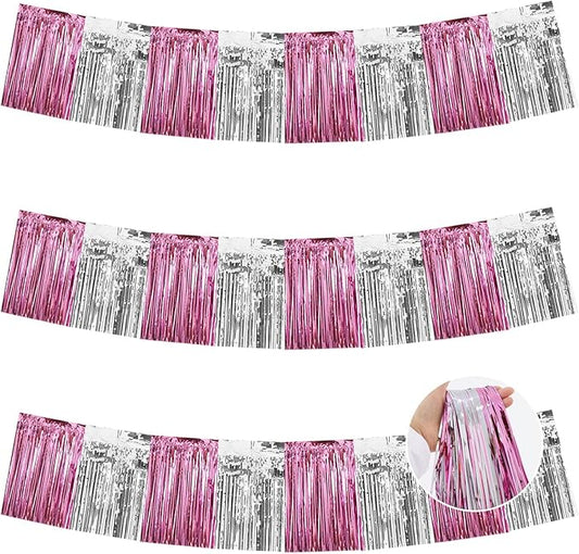 BEISHIDA 3 Packs Metallic Foil Fringe Garland Pink Silver Wall Hanging Tinsel Fringe Banners for Car Floats Birthday Baby Bridal Shower Wedding Graduation Holiday Party Decoration(30 Feet)