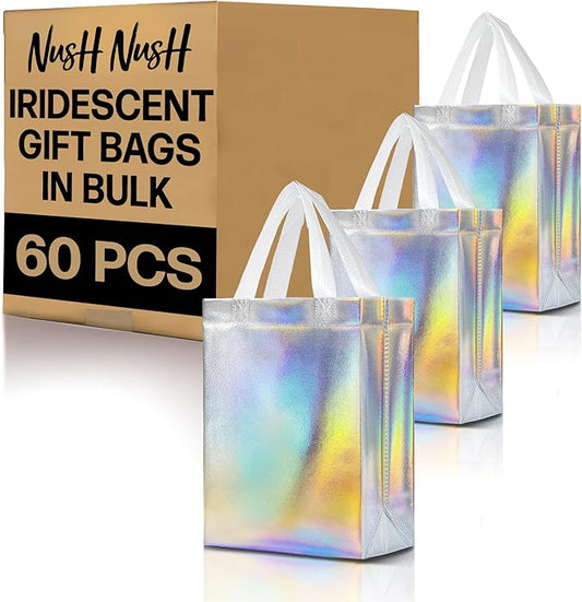 Nush Nush Set of 60 Iridescent Gift Bags Bulk Medium Size - Reusable Holographic Gift Bags With Handles - Goodie Bag for Birthday, Small Business, Wedding Welcome Gifts, Large Events – 8W x 4D x 10H