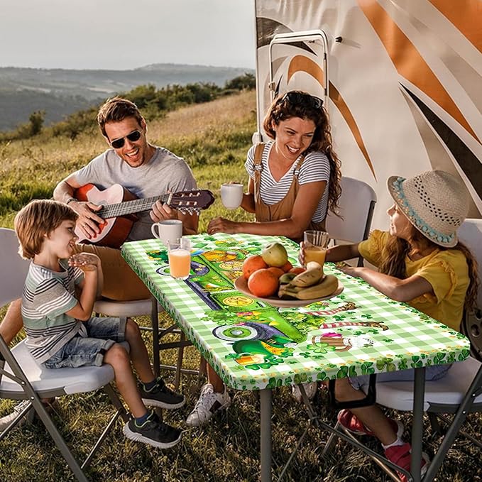 St. Patrick's Day Picnic Table Cover with Bench Covers, Camping Essentials, Plaid Truck Gnomes Clover Outdoor Table Covers, Waterproof, Fitted Tablecloth Cover with Elastic Edge, 3 PCS, 30x96 Inch