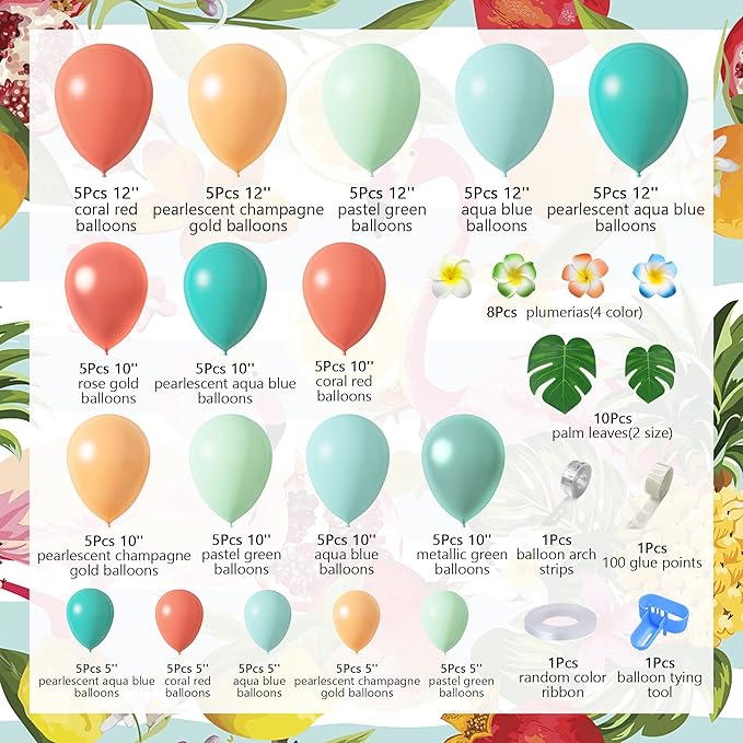 Ouddy Party Tropical Balloon Garland Arch Kit, 12"10"5" Rose Gold Blush Blue Balloons Artificial Palm Leaves Plumeria for Magic Theme Birthday Party Supplies Baby Shower Hawaii Luau Party Decorations
