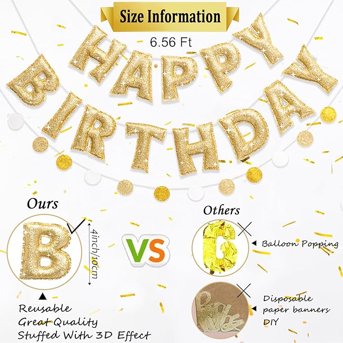 Pre-strung Gold Glitter Happy Birthday Banner Garland, Reusable Birthday Party Decorations, No DIY Gold Birthday Party Banner Sign Decor for Women Men Boys Girls Party Backdrop Party Supplies