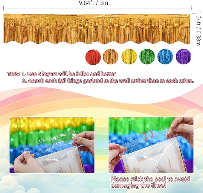 LOLStar Rainbow Foil Fringe Garland Pride Decorations, 6 Pack 59Ft Rainbow Tinsel Metallic Glitter Banner, Hanging Tinsel Fringe Banners for Birthday Pride Month Parade Floats Wedding Decor