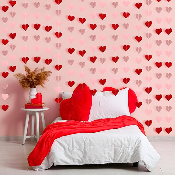 40 Feet Red & Pink Heart Garland Glitter Heart Banner Garland Decoration, Ceiling Hanging for Wedding Bridal Shower Hanging Decoration Streamers