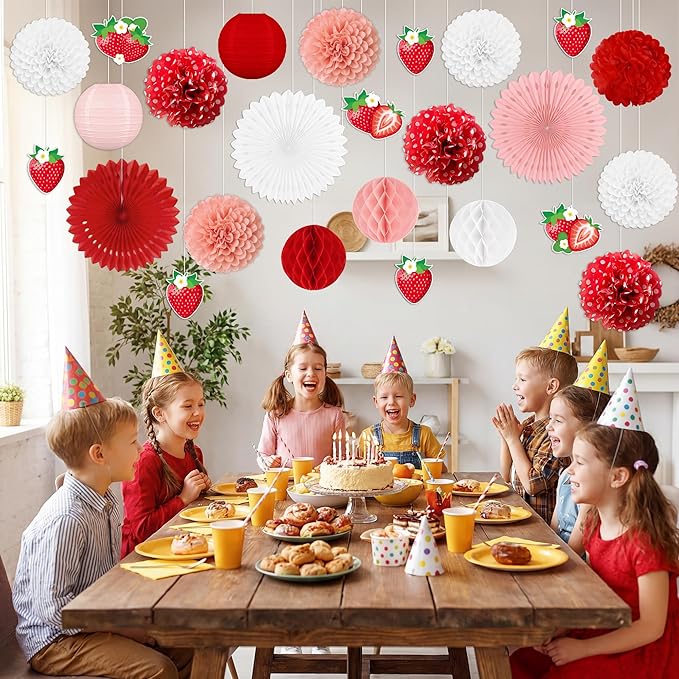 26pcs Strawberry Birthday Party Decorations – Red Pink White Paper Fans, Tissue Pom Poms for Berry Sweet Girl 1st , Baby Shower, Shortcake Theme Supplies