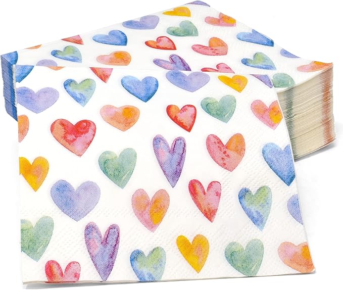 100 Colorful Heart Cocktail Napkins 3 Ply Disposable Paper Napkins Rainbow Love Design Party Supplies Birthday Wedding Baby Shower Tableware