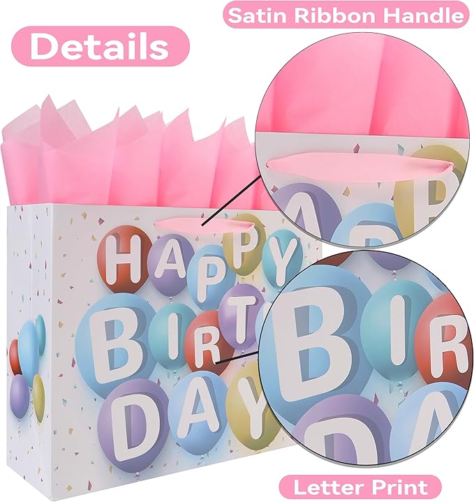 wishinside 16.5” Extra Large Happy Birthday Gift Bag Set with Handles, Greeting Card, Pink Tissue Papers and Stickers for Girls Kids Women, Colorful Balloon Design, 1 Pcs