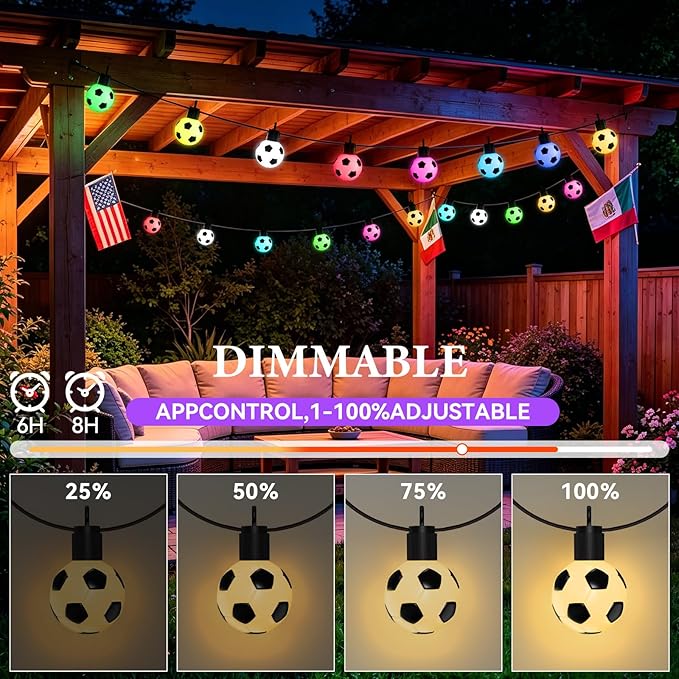 2026 World Cup 50 FT Smart Outdoor String Lights Waterproof, Patio Lights Outdoor Waterproof with 15 RGBW LED Bulbs, 16 Million Colors with App & Remote Control