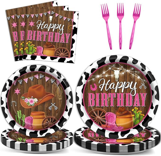 96 Pcs Cowgirl Decorations Party Supplies Western Theme Paper Plates Cow Print Party Plates Western Disposable Plates and Napkins Girl Rodeo Pink Birthday Wild West Tableware Decor for Kids Serves 24