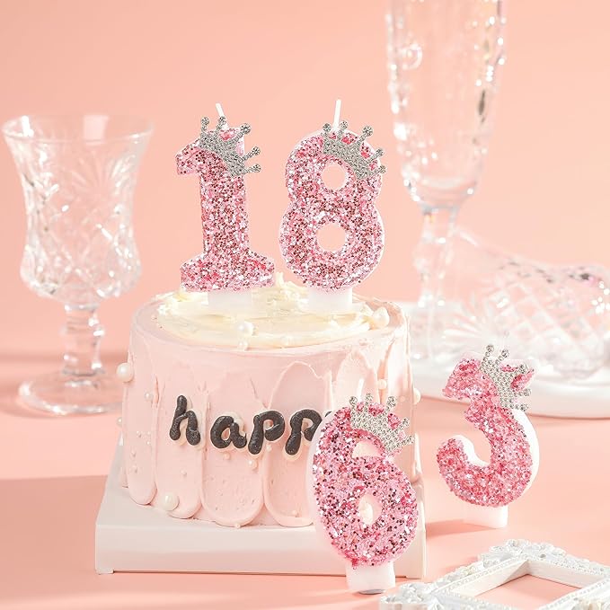 PHD CAKE Birthday Number Candles,Pink Crown Birthday Candles for Cake,Glitter Number 4 Candle Cake Topper with Sequins for Girls,Women, Anniversary Celebrations Supplies