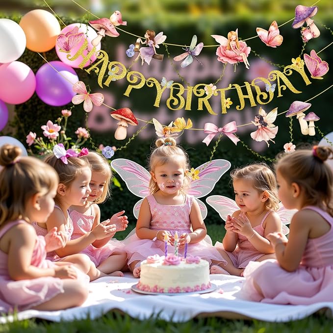 SUNBEAUTY Fairy Birthday Party Banner Fairy Party Decorations Fairy First Birthday Party Decorations for Girls Women Flower Mushroom Garland Leaf Vine String for Baby Shower Wonderland Spring Summer Garden Tea Party