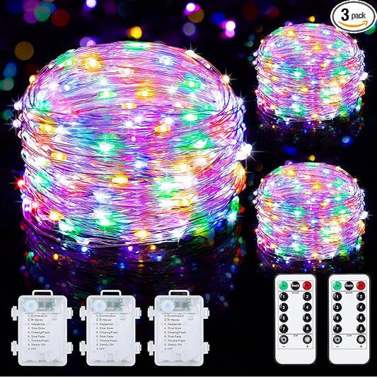 Mlambert 3 Pack 33FT Fairy Lights Battery Operated with Remote and Timer, Dimmable Waterproof 8 Modes Twinkle Lighting for Girl Room Decor-Multicolor