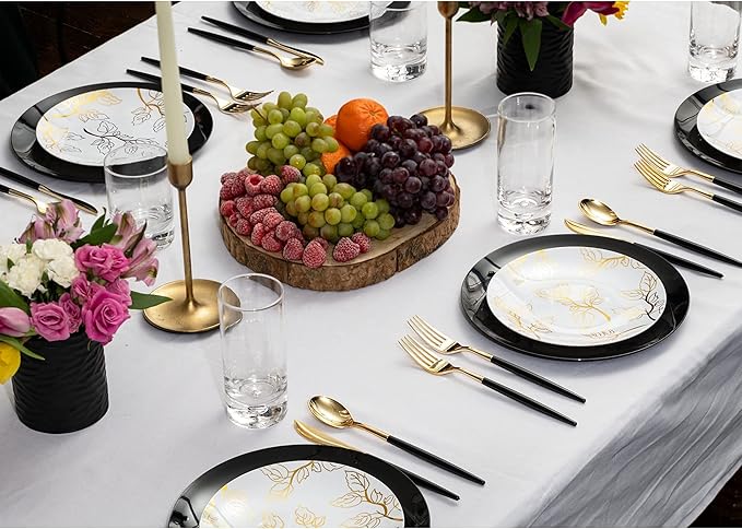 Trendables 120 Pack Disposable Silverware Set - Plastic Cutlery Dinnerware - Includes 40 - Forks - Spoons - Knives - White & Gold Plastic Silverware Utensils Party Set