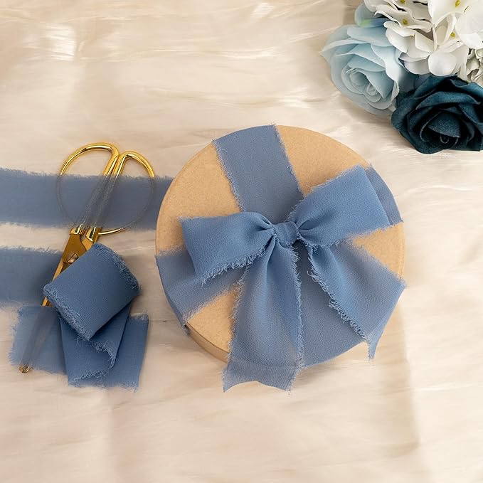 Chiffon Ribbon, Dusty Blue Silk 1.5''x21Yd Handmade Frayed Fringe Ribbons for Wrapping, DIY Bows, Invitations, Bridal Bouquets, Crafts, Birthday, Wedding, Engagement, Party Decoration, 3 Rolls