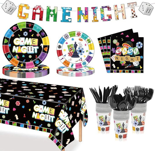 170Pcs Family Game Night Party Decorations Tableware, Disposable Game Night Decorations Plates Napkins Cup Banner Tablecloth, Board Games Party Decorations for Birthday, Serves 24