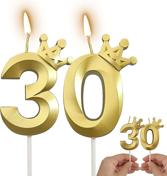 The Number 30 Gold Birthday Candles for Cake is Beautiful Number Candles for 30th Birthday Decorations for Man and Women (Gold-30, Crown)