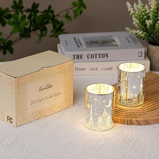 Votive Candle Holders, SunGlee Tealight Candle Holder with Gift Box, Glass Candle Holder with LED Light for Table Centerpieces, Tea Party, Wedding, Birthday, Various Themed Parties Table Decor 2Pack