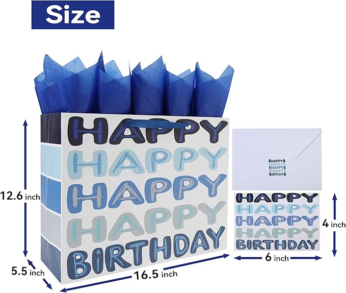 Qirrmiy 16.5” Extra Large Blue Happy Birthday Gift Bag Set with Handles, Greeting Card, Tissue Papers and Stickers for Men Boys Women Girls Kids Teens, Words Design, 1 Pcs