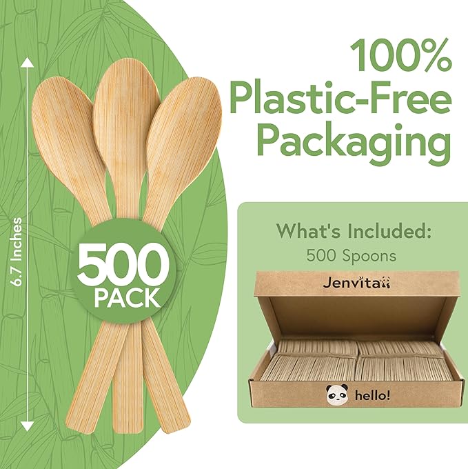 100% Bamboo Spoons Set - Eco Friendly Cutlery (500 Biodegradable Spoons) | Reusable or Disposable Bamboo Utensils | Compostable FSC Certified Silverware for Weddings, Camping, Parties