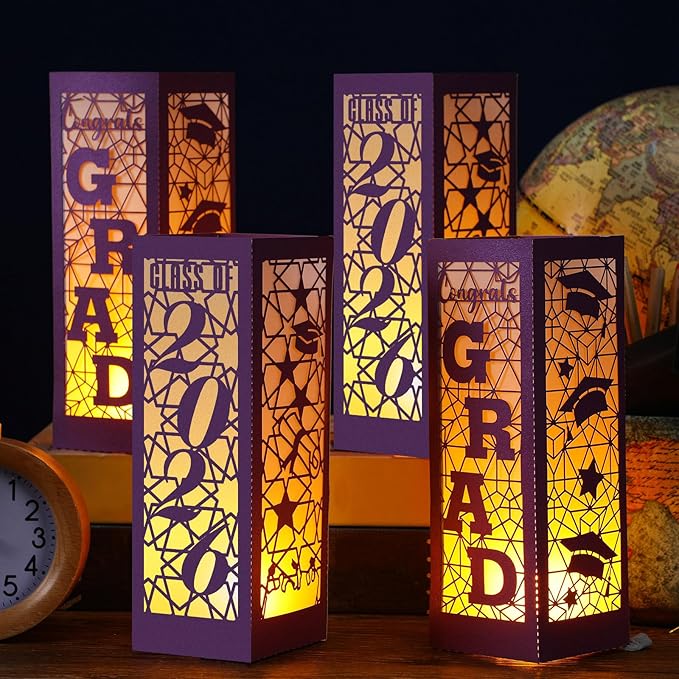 Rossesay 6 Pcs Graduation Table Centerpieces Boxes Class of 2026 Graduation Lanterns for Centerpieces with LED Candles Congrats Grad School College Photo Props for Party Table Decoration (Purple)