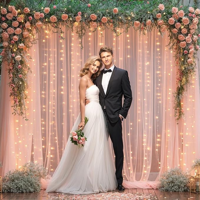 30x8ft Peach Tulle Backdrop Curtain with Lights String for Parites, Sheer Photo Backdrop Curtains for Easter Wedding Baby Shower Birthday Party Photo Shoot Decorations