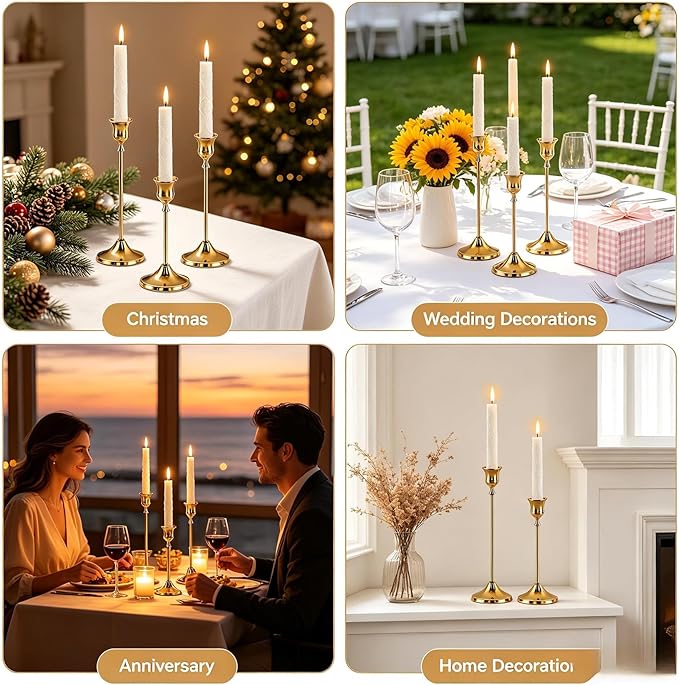 SHDSL Gold Candlestick Holders, Taper Candle Holders, Set of 6, Metal Taper Candle Stick Holders, Vintage Christmas Brass Home Decor for Table, Room Decorations Housewarming