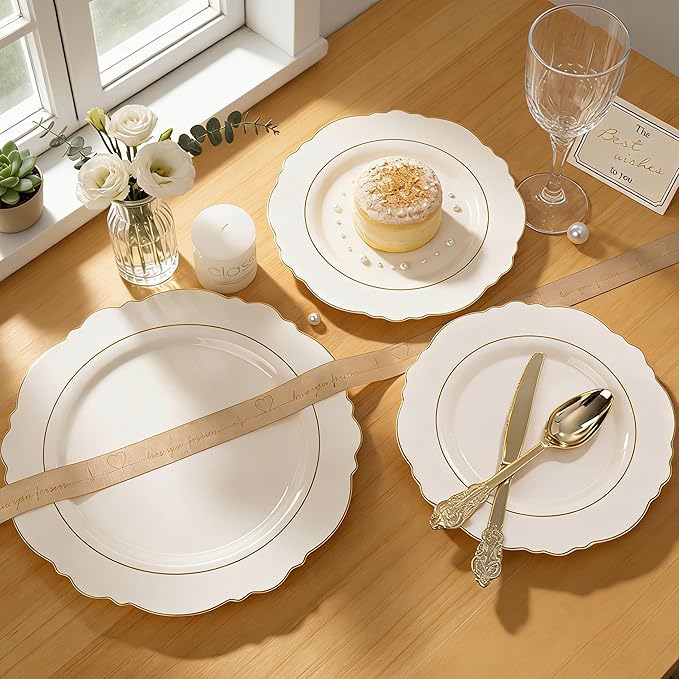 Liacere 350PCS Ivory Plastic Plates-Cream Disposable Plates With Gold Rim-50Guest Baroque Plastic Dinnerware include 100 Plates - 50 Pack Pre Rolled Napkins Silverware 50Cups for Wedding＆Mother's Day