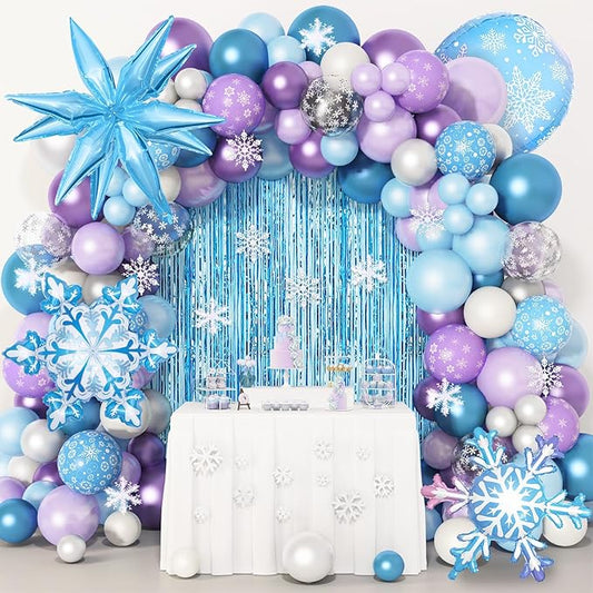 Amandir 162PCS Snow Birthday Party Supplies, Snow Balloon Garland Arch Kit Fringe Curtain Blue Purple Snowflake Confetti Balloons Princess Winter Wonderland Girl Baby Party Decorations