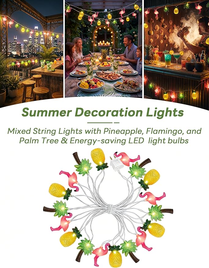 12Ft Summer Beach String Lights with 20 LED Pineapple Flamingo Palm Tree Lights, Plug in Luau Pool Decor for Hawaii Theme Indoor Outdoor Tropical Party Decorations