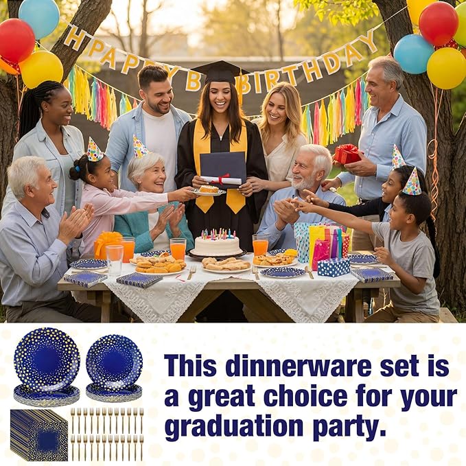 Yungyan 96 Pcs Blue and Gold Party Supplies Disposable Tableware Set Include 24 Dots on Blue Paper Napkins 24 Large Plates 24 Small Plates 24 Forks for Graduation Birthday Party Decorations
