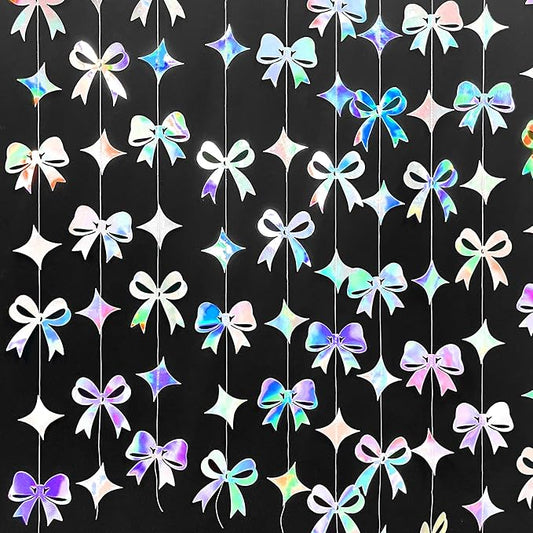 Iridescent Bow Decorations Holographic Paper Star Bow Hanging Garland Streamer Banner for Coquette Birthday Bachelorette Wedding Bridal Shower Engagement Anniversary Hen Party Decorations Supplies