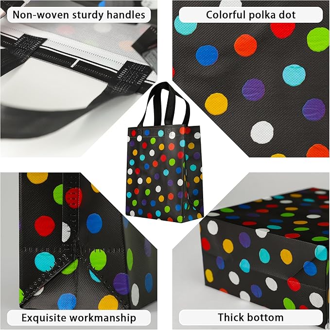 BLEWINDZ 16Pcs Reusable Gift Bags with Tissues - Black Medium Rainbow Polka Dot Party Favor Bags for Christmas, Birthday, Baby Shower, Grocery Shopping, Wedding