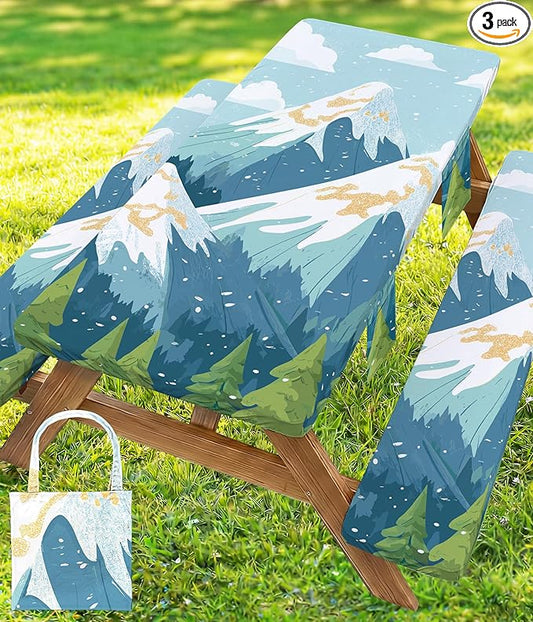 Picnic Table Cover with Bench Covers Waterproof Vinyl Elastic Rectangle Fitted Table Cloth Camping Lovers Essentials Rv Car Travel Overlanding Outdoor Roadtrip Road Trip Men Women Camper Gifts 8 Foot