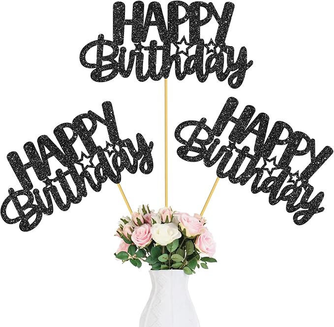 Birthday Centerpiece Sticks 12PCS Black Glitter Birthday Party Table Toppers Happy Birthday Sign Decorations Centerpieces for Anniversary Party Supplies