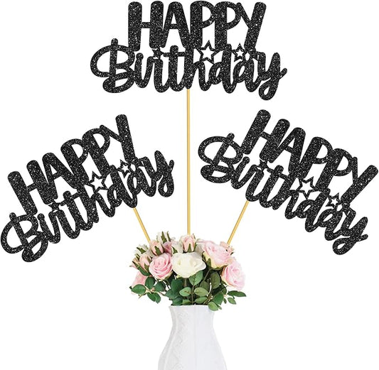 Birthday Centerpiece Sticks 12PCS Black Glitter Birthday Party Table Toppers Happy Birthday Sign Decorations Centerpieces for Anniversary Party Supplies