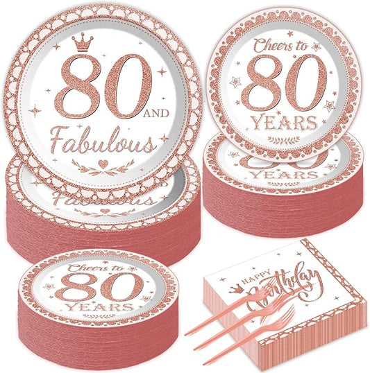 gisgfim 50 Guests 80th Birthday Plates and Napkins 80th Decorations for Women, Fabulous Happy Birthday Party Rose Gold Tableware Set Cheers To 80 Years Party Supplies Table Decors for Girl 200PCS