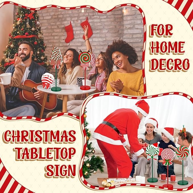 Geelin 10 Pcs Candy Cane Shape Christmas Decorations Wooden Candys Table Centerpiece Sign Decor Xmas Red and Green Tiered Tray for Home Desk Office Party Supplies Decor (Christmas Candy)