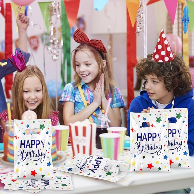 Hxezoc 50 Pieces Birthday Candy Bags Happy Birthday Goodie Bag Plastic Treat Bags Gift Wrap with Handles Favor Bags For Birthday Party Decoration Supplies (White)