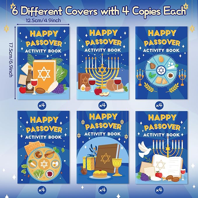 Passover Activity Books for Kids - 24Pcs Happy Passover Mini Games Coloring Book Set Bulk Mazes Word Search Word Scramble Games for Jewish Pesach Seder Holiday Party Classroom DIY Art Gifts Favors