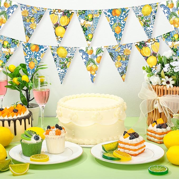 5 Pieces Blue Tiles Lemon Decor Lemon Bunting Banners Blue Tiles Paper Pennant Garlands Lemonade Hanging Triangle Flags for Wedding Birthday Bridal Shower Bachelorette Party Decorations