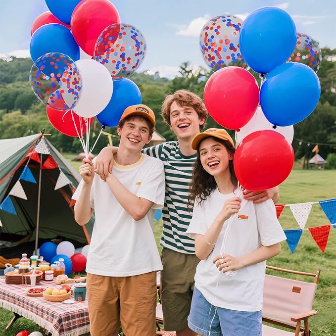 Red White Blue Latex Balloons 68 Pack, 12 Inch Patriotic Balloons with Confetti, Party Decorations for 4th of July, Independence Day, Graduation, Birthday, Air Helium Fill.