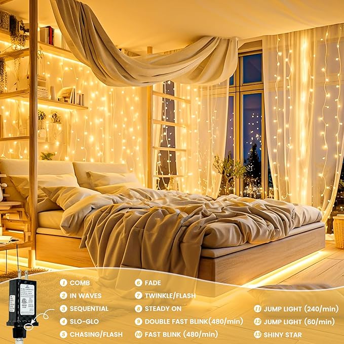 Connectable 1Pack String Lights Indoor, 33FT 100LED String Lights, 13Modes Twinkle Fairy Lights Plug in Outdoor Waterproof, Warm White Clear Wire Light for Christmas Tree, Wedding Yard, Party Decor