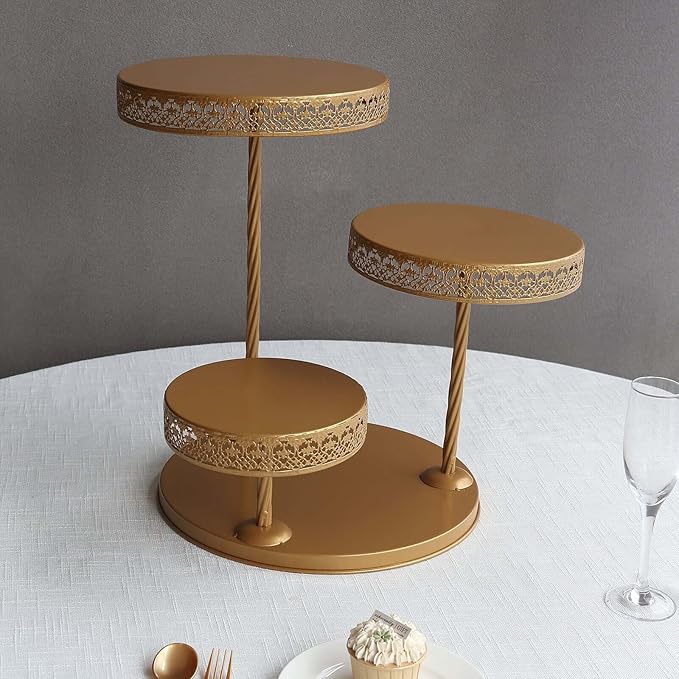 Efavormart 3-Tier Gold Metal Cupcake Tower Dessert Stand, Hollow Lace Design Round Tiered Cake Stand - 21"