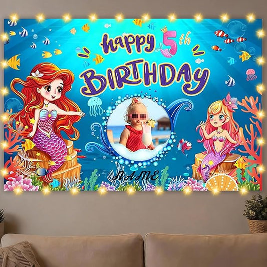Dicodes Custom Mermaid Theme Birthday Decorations Banner - Personalized Fabric Banner for Birthday Party Supplies