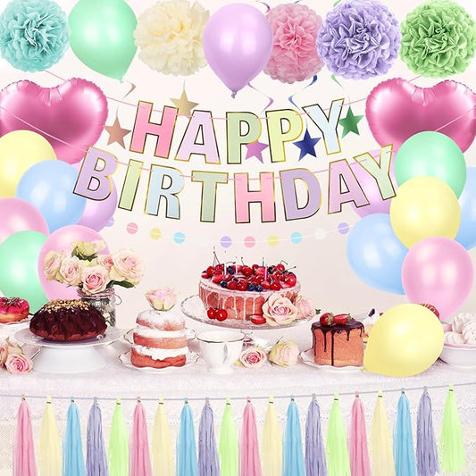 Pastel Rainbow Party Decorations - 50Pcs Pastel Birthday Decorations with Happy Birthday Banner, Balloons & Paper Pom Poms, Macaron Theme Party Supplies for Girls & Boys, Kids, Women