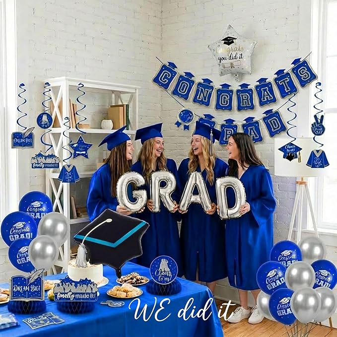 Royal blue Silver Balloon Garland Arch Kit with backdrop Stars Graduation Cap crown GRAD Letters Mylar Balloons for 2026 graduate Prom Decorationss