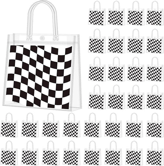 Supervitae 36 Pcs Checkered Racing Clear Favor Bags with Handle Reusable Plastic PVC Gift Bag Race Car Goodies Treats Wrap Totes for Birthday Wedding Graduation Party Supplies, 8 x 8 x 3.15 Inch